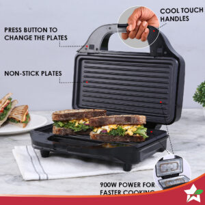 Wonderchef Prato Plus 3 in 1 Grill Sandwich, Grill & Waffle Maker, 900W