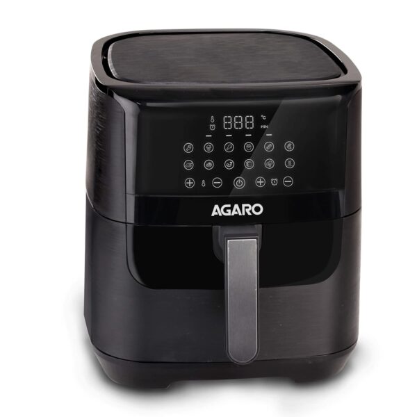 AGARO Elegant Air Fryer, 6.5L, 12 Preset Cooking Modes, 360 Degrees Air Circulation With Variable Temperature Settings, Stainless Steel Body, 1800W, Black, 6.5 Liter