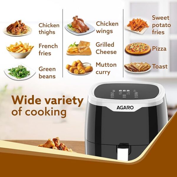 AGARO Galaxy Digital Air Fryer For Home, 4.5 liters, Electric, Convection Oven, 1400W, 7 Preset Programs & Reheat, 360 Degrees Air Circulation, Digital Touch Display, Bake, Roast, Toast, Black