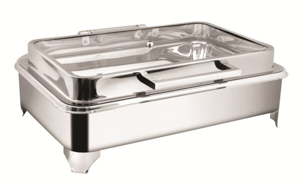 SHAPES STAINLESS STEEL RECTANGULAR FULL GLASS LID CHAFFING DISH WITH ELECTRIC FRAME CHAFFER, Capacity – 10 Liters