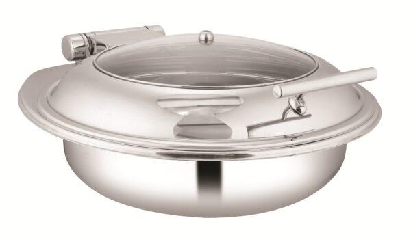 SHAPES STAINLESS STEEL ROUND HALF GLASS LID CHAFFING DISH WITH INDUCTION TOP CHAFFER, 7 Liters Capacity