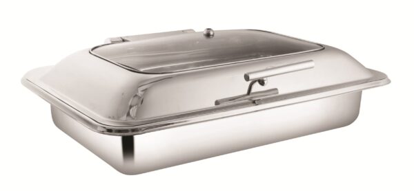 SHAPES STAINLESS STEEL RECTANGULAR HALF GLASS LID CHAFFING DISH WITH INDUCTION TOP CHAFFER, 10 Liters Capacity