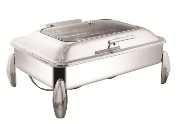 Shapes Stainless Steel Rectangular half Glass Lid Chaffing Dish with Stand, Capacity – 10 Liters