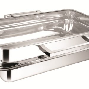 SHAPES STAINLESS STEEL RECTANGULAR FULL GLASS LID CHAFFING DISH WITH INDUCTION TOP CHAFFER, 10 Liters Capacity