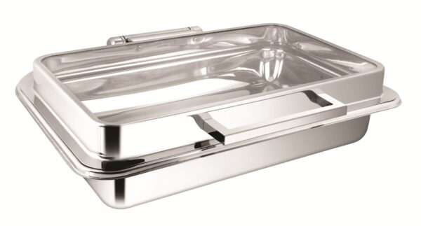 SHAPES STAINLESS STEEL RECTANGULAR FULL GLASS LID CHAFFING DISH WITH INDUCTION TOP CHAFFER, 10 Liters Capacity