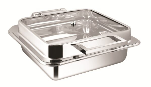 SHAPES STAINLESS STEEL SQUARE FULL GLASS LID CHAFFING DISH WITH INDUCTION TOP CHAFFER, 7 Liters Capacity