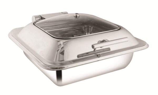 SHAPES STAINLESS STEEL SQUARE HALF GLASS LID CHAFFING DISH WITH INDUCTION TOP CHAFFER, 7 Liters Capacity