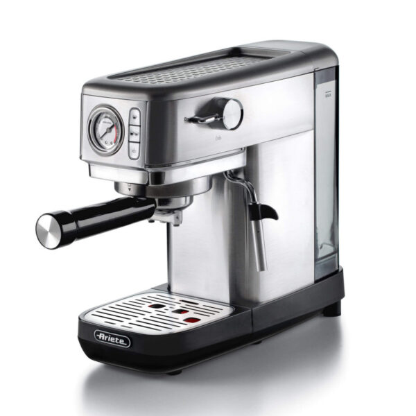 Ariete 1381 Coffee machine with pressure gauge, compatible with ground coffee and ESE pods, 1300 W, 1.1 L capacity, 15 bar pressure, ½ cup filter, Cappuccino device, Silver