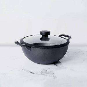 Meyer Pre Seasoned Cast Iron Cookware Deep Kadai with Lid Gas Stove and Induction Friendly 20cm 2L