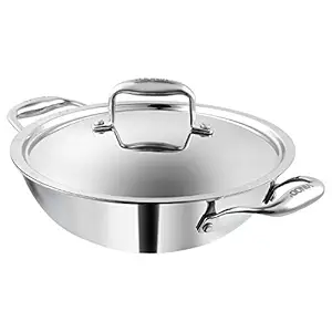 Vinod SAS Platinum Triply Stainless Steel Kadhai with Lid - 2.5 Litre, 24 cm