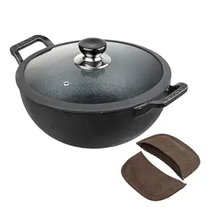 Vinod Legacy Pre Seasoned Cast Iron Kadai with Glass Lid - 2.4 Litre, 22 cm