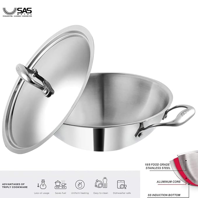 Vinod SAS Platinum Triply Stainless Steel Kadhai with Lid - 4.8 Litre, 30 cm