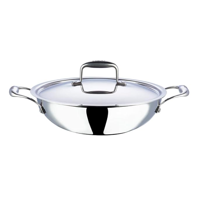 Vinod SAS Platinum Triply Stainless Steel Kadhai with Lid - 3.7 Litre, 28 cm