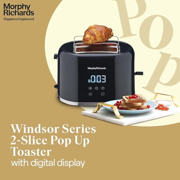 Morphy Richards Windsor Series Digital 2 Slice 800W Pop Up Toaster|8-Browning Levels|Reheat&Defrost|Wide Bread Slots|Bun Warmer|Dust Cover|Removable Crumb Tray|2-Yr Warranty By Brand|Black,800 Watts