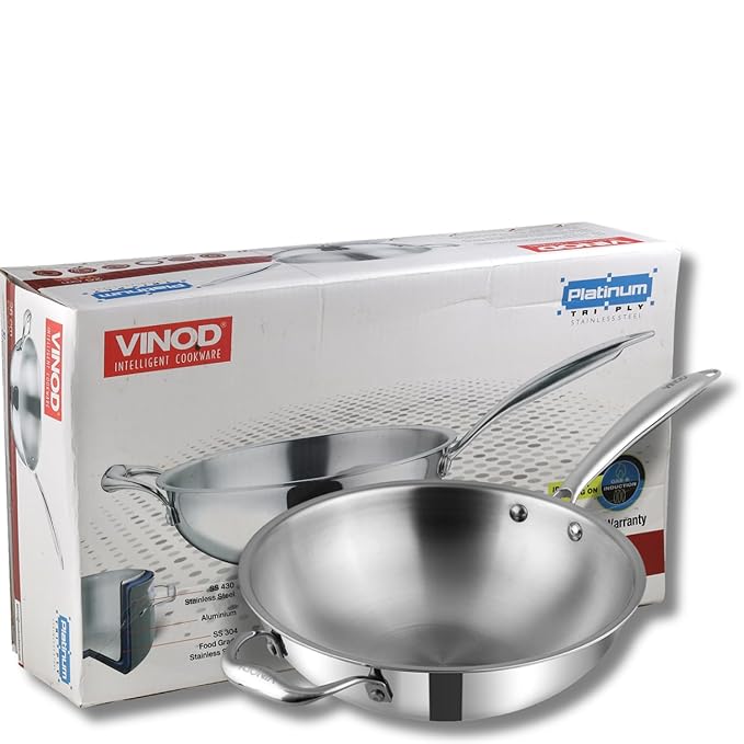 Vinod SAS Platinum Triply Stainless Steel Wok - 3 Litre 26 cm Induction Base