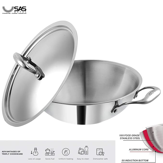 Vinod SAS Platinum Triply Stainless Steel Kadhai with Lid - 3.7 Litre, 28 cm