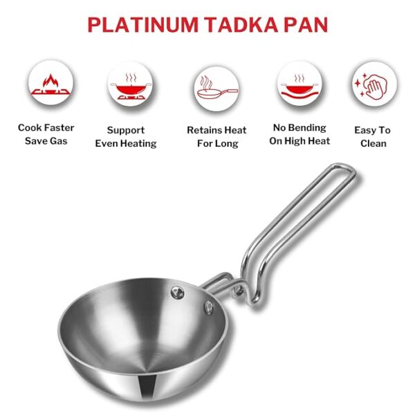 Vinod Platinum Triply Stainless Steel Tadka Pan Jumbo - 400 ml, 12.5 cm | Balance Design Handle | Vagar Pan | Baghar Pan| Chounk Pan | Flame Safe