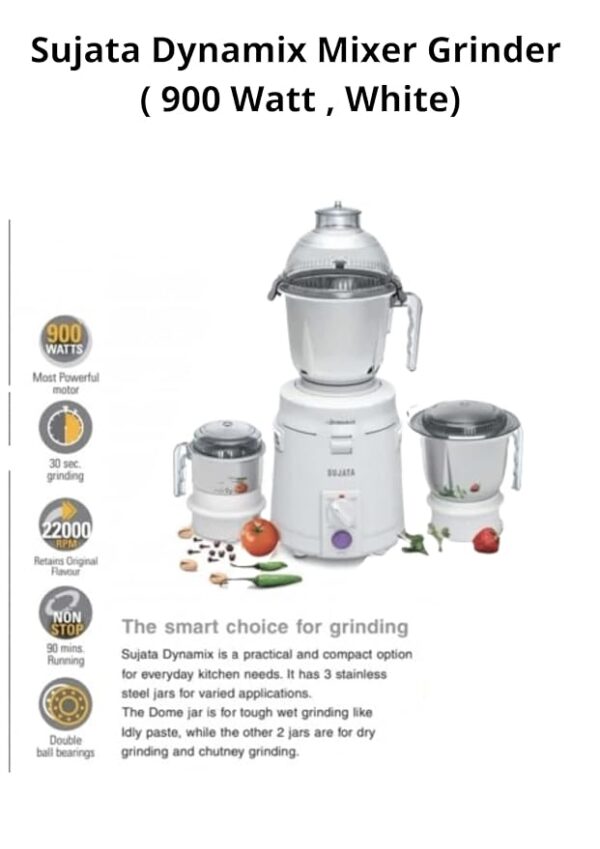 Sujata Dynamix Mixer Grinder, 900W, 3 Jars (White,Plastic)