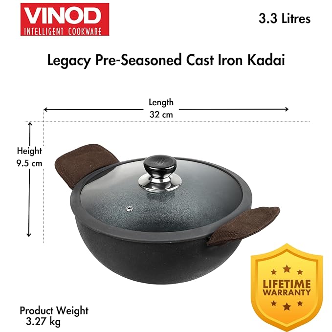 Vinod Legacy Pre Seasoned Cast Iron Kadai with Glass Lid - 3.3 Litre, 24 cm