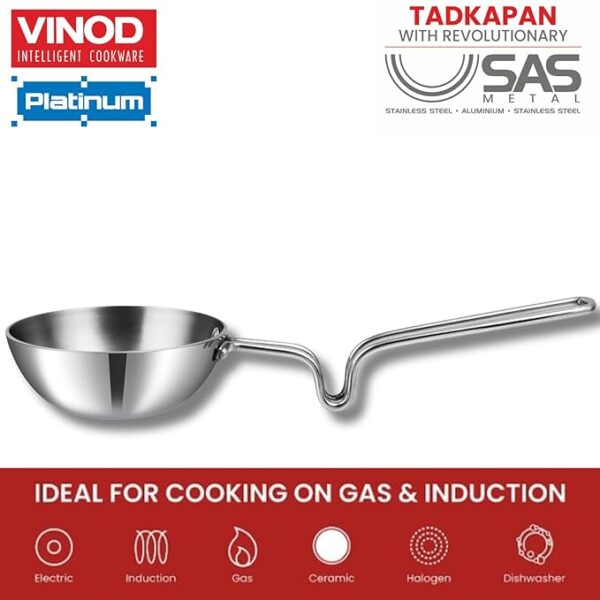 Vinod Platinum Triply Stainless Steel Tadka Pan Jumbo - 400 ml, 12.5 cm | Balance Design Handle | Vagar Pan | Baghar Pan| Chounk Pan | Flame Safe