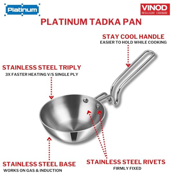 Vinod Platinum Triply Stainless Steel Tadka Pan Jumbo - 400 ml, 12.5 cm | Balance Design Handle | Vagar Pan | Baghar Pan| Chounk Pan | Flame Safe