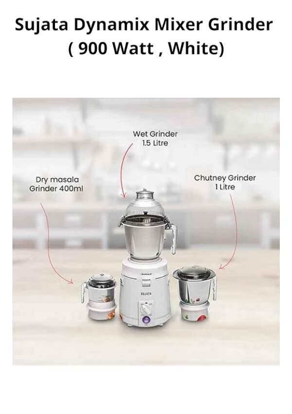 Sujata Dynamix Mixer Grinder, 900W, 3 Jars (White,Plastic)