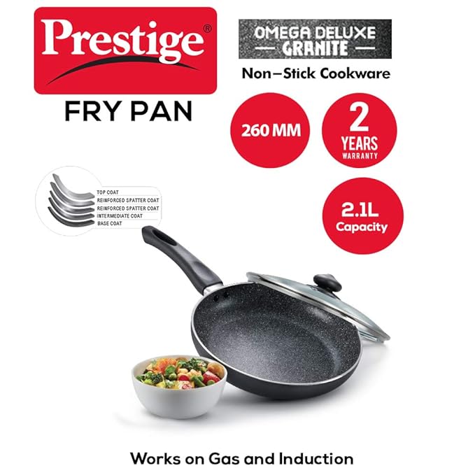 Prestige Non-Stick Omega Deluxe Granite Fry Pan With Lid Omelette Pan 26cm Black Induction Base