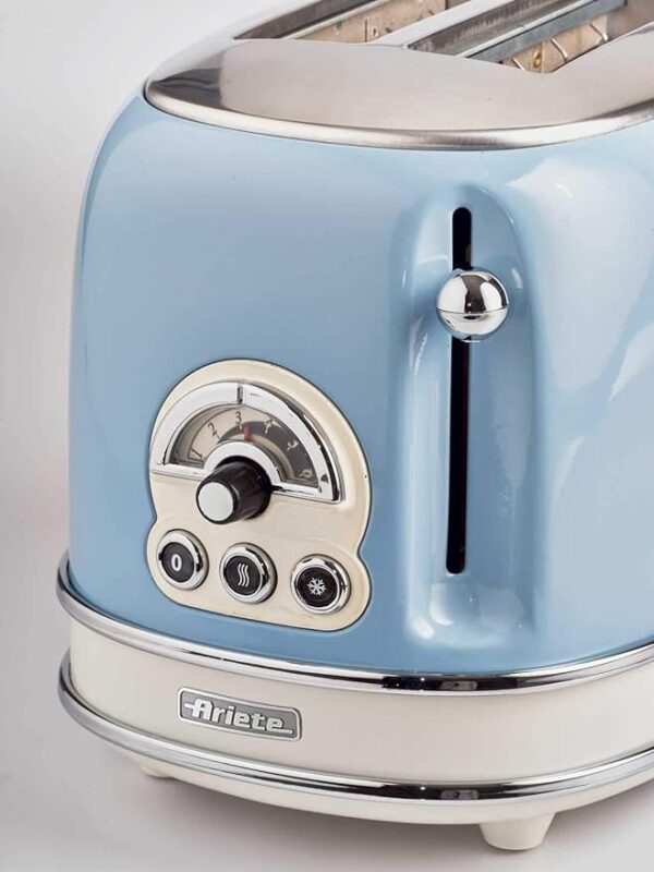 Ariete 155BL Design Toaster 2 Slices With Tongs, 6 Toasting Levels, 810 W, Stainless Steel Body, Removable Crumb Tray, Pastel Blue, 810 Watts