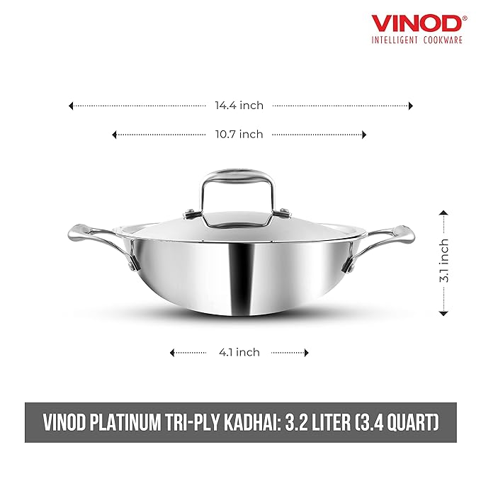 Vinod SAS Platinum Triply Stainless Steel Kadhai with Lid - 3.2 Litre, 26 cm