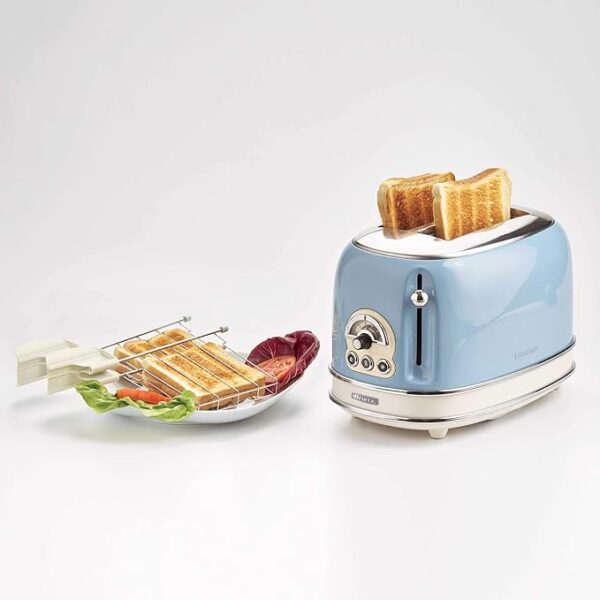 Ariete 155BL Design Toaster 2 Slices With Tongs, 6 Toasting Levels, 810 W, Stainless Steel Body, Removable Crumb Tray, Pastel Blue, 810 Watts