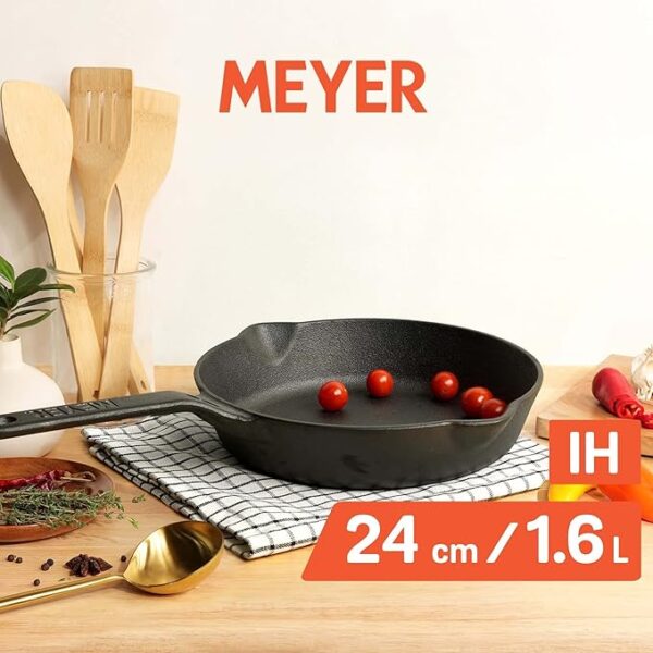 Meyer Pre-Seasoned Induction & Gas Base Cast Iron Cookware Frying Pan, 23cm, Black