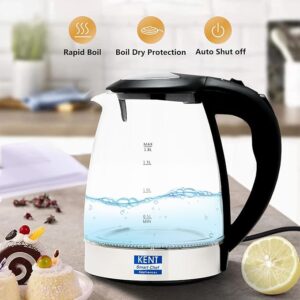 KENT Elegant Electric Glass Kettle (16052), 1.8L, Stainless Steel Heating Plate, Borosilicate Glass Body, Boil Drying Protection