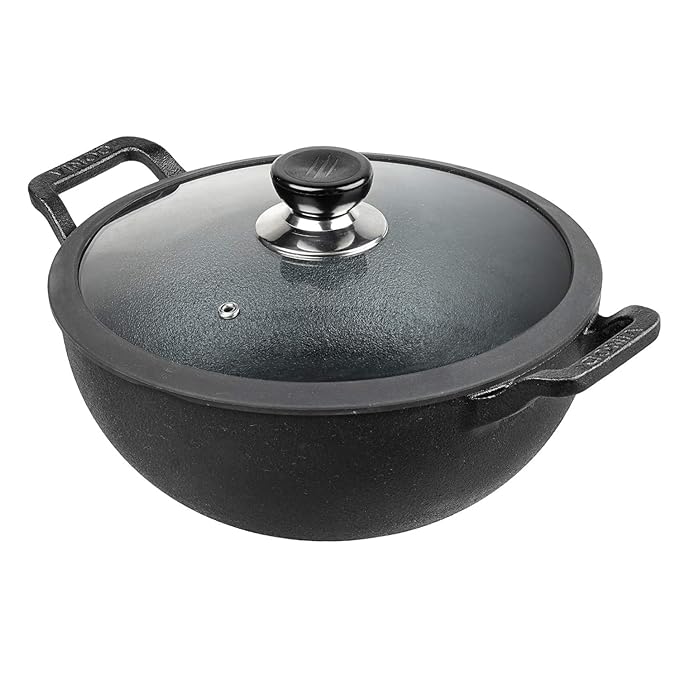 Vinod Legacy Pre Seasoned Cast Iron Kadai with Glass Lid - 4.3 Litre, 26 cm