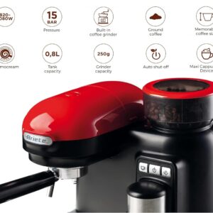 Ariete 1318 Espresso machine with integrated grinder Modern, For coffee beans and powder, Cappuccinatore latte, Filter 1 and 2 cups, 1080 W, 800 cubic_centimeters, 15, Red