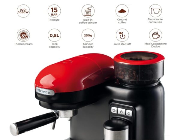 Ariete 1318 Espresso machine with integrated grinder Modern, For coffee beans and powder, Cappuccinatore latte, Filter 1 and 2 cups, 1080 W, 800 cubic_centimeters, 15, Red