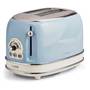 Ariete 155BL Design Toaster 2 Slices With Tongs, 6 Toasting Levels, 810 W, Stainless Steel Body, Removable Crumb Tray, Pastel Blue, 810 Watts