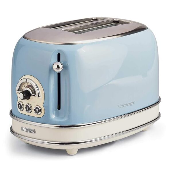 Ariete 155BL Design Toaster 2 Slices With Tongs, 6 Toasting Levels, 810 W, Stainless Steel Body, Removable Crumb Tray, Pastel Blue, 810 Watts