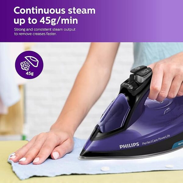 Philips Perfect Care Power Life Steam Iron GC3925/34, 2400W, up to 45 g/min steam Output, OptiTemp Technology, Steam Glide Plus Soleplate, Drip-Stop and Safety Shut-Off with No-Burns Guaranteed