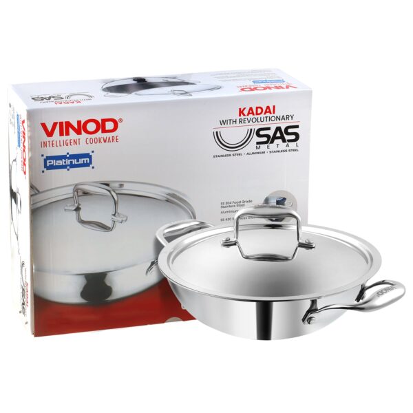 Vinod SAS Platinum Triply Stainless Steel Kadhai with Lid - 1.8 Litre, 22 cm