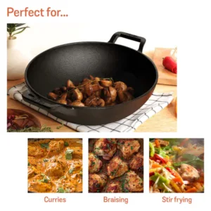 Meyer Pre Seasoned Cast Iron Cookware Kadai with Lid Gas Stove and Induction Friendly 26cm