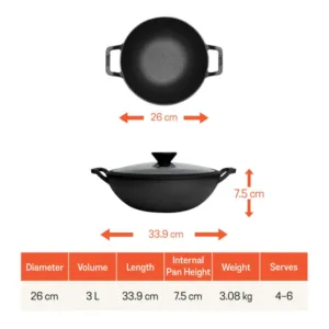 Meyer Pre Seasoned Cast Iron Cookware Kadai with Lid Gas Stove and Induction Friendly 26cm