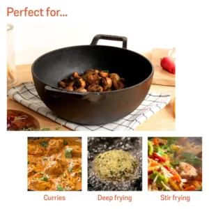 Meyer Pre Seasoned Cast Iron Cookware Deep Kadai with Lid Gas Stove and Induction Friendly 20cm 2L