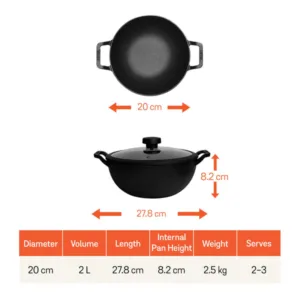 Meyer Pre Seasoned Cast Iron Cookware Deep Kadai with Lid Gas Stove and Induction Friendly 20cm 2L