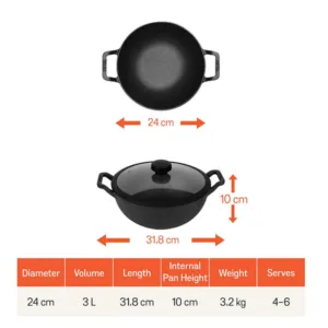 Meyer Pre Seasoned Cast Iron Cookware Deep Kadai with Lid Gas Stove and Induction Friendly 24cm 3L