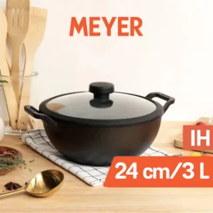 Meyer Pre Seasoned Cast Iron Cookware Deep Kadai with Lid Gas Stove and Induction Friendly 24cm 3L