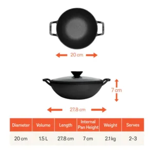 Meyer Pre Seasoned Cast Iron Cookware Kadai with Lid Gas Stove and Induction Friendly 20cm