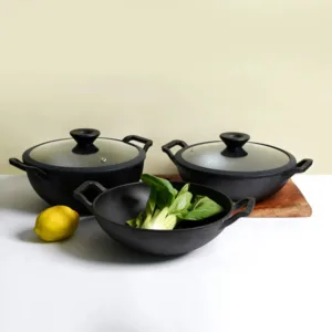 Meyer Pre Seasoned Cast Iron Cookware Kadai with Lid Gas Stove and Induction Friendly 26cm